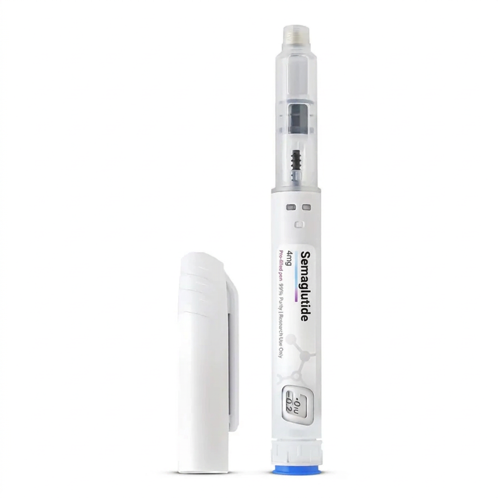 White pre-filled Semaglutide 4mg injection pen with cobalt base ring on warm cream