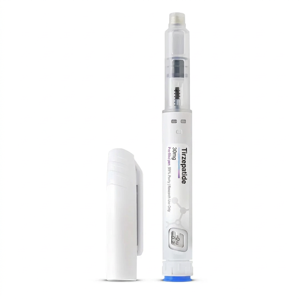 White pre-filled Tirzepatide 30mg injection pen with cobalt base ring on warm cream