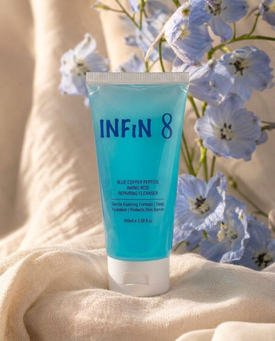 Turquoise tube of blue copper peptide repairing cleanser