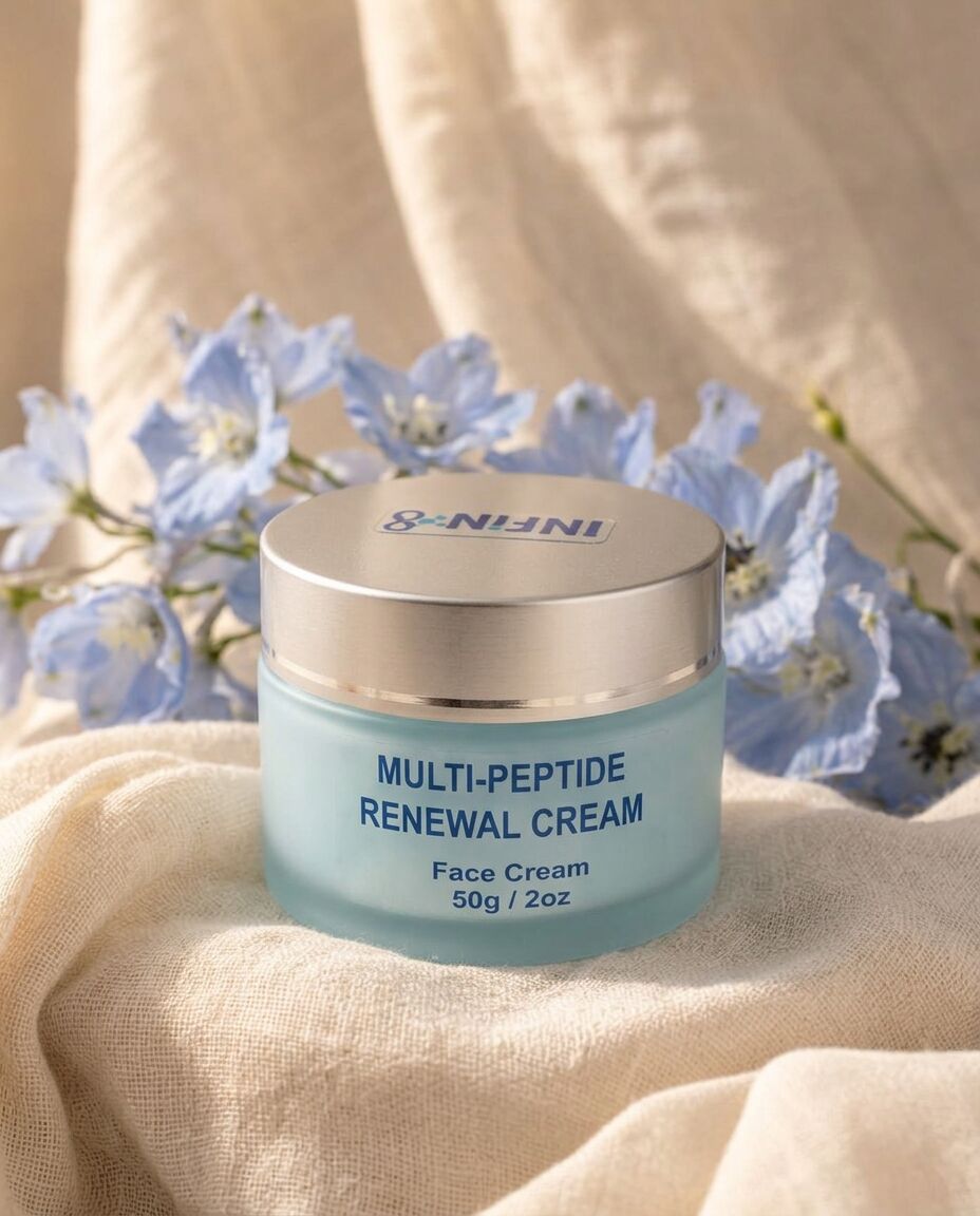 Frosted pale-blue jar of multi-peptide renewal cream