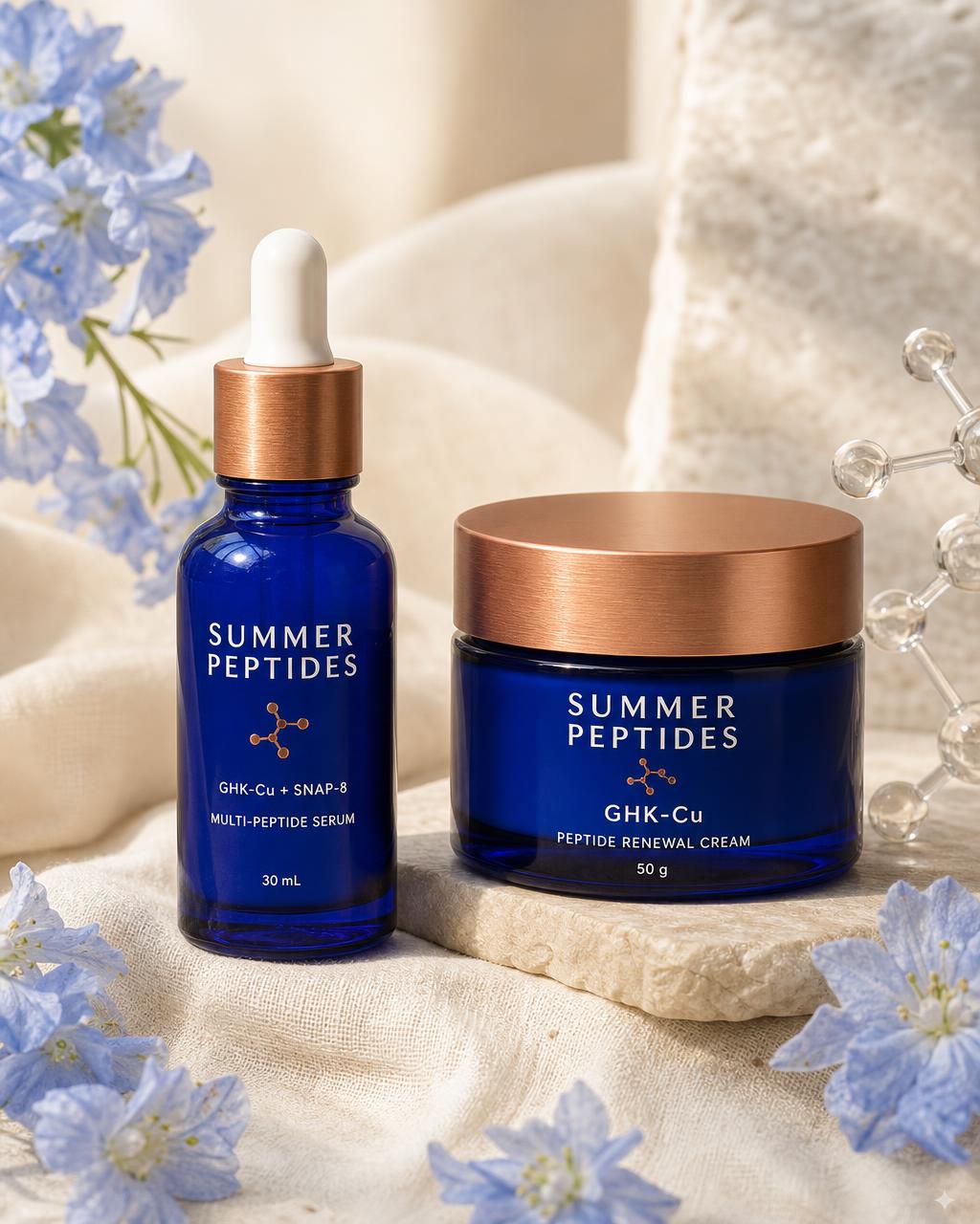 Peptide serum bottle beside the peptide cream jar