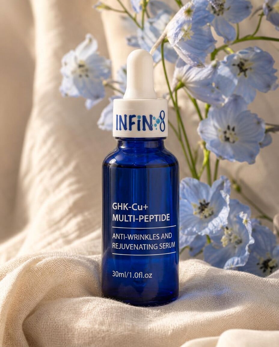 Blue glass dropper bottle of GHK-Cu peptide serum